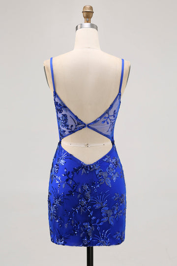 Royal Blue Bodycon Sheer Corset Homecoming Dress with Sequins